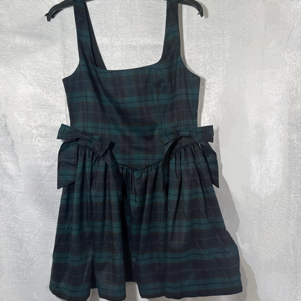 Avec Les Filles Blue Plaid Mini Dress with Bow Accents New With Tags. Women's 8